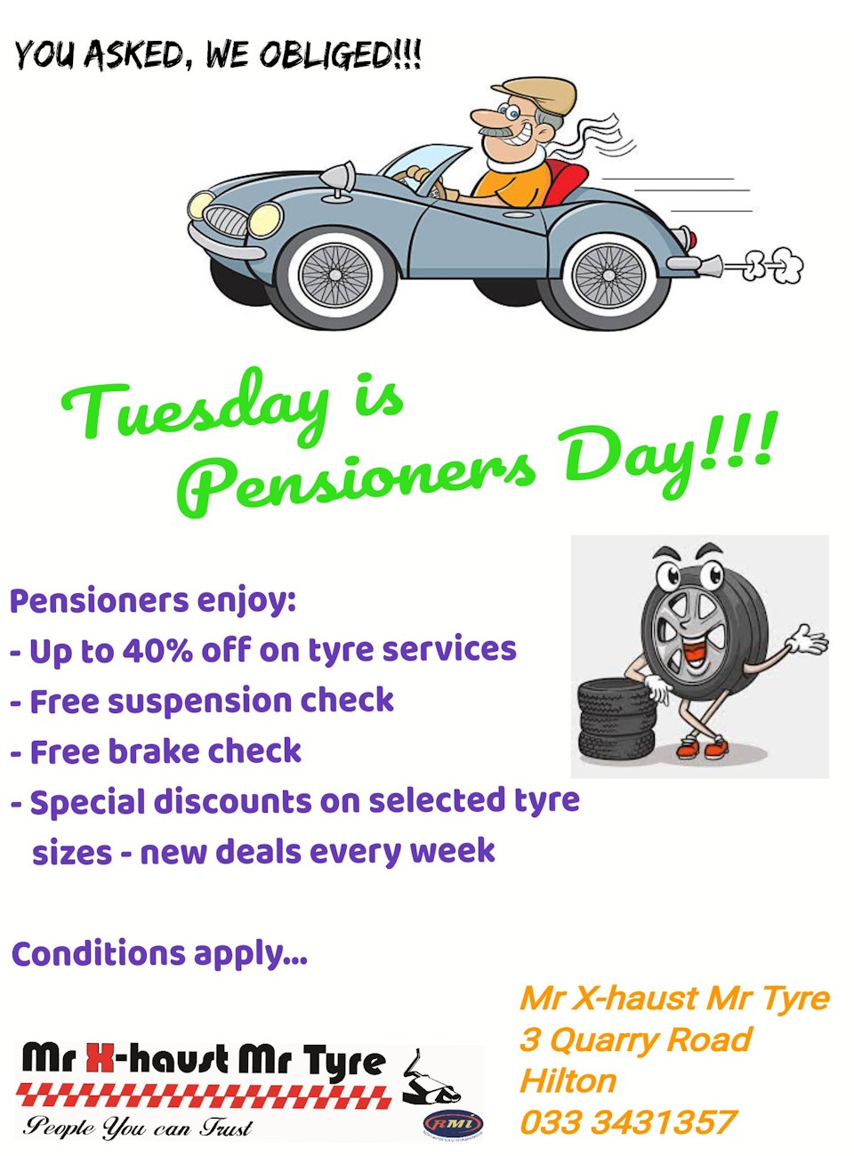 mr x haust mr tyre pensioners day news
