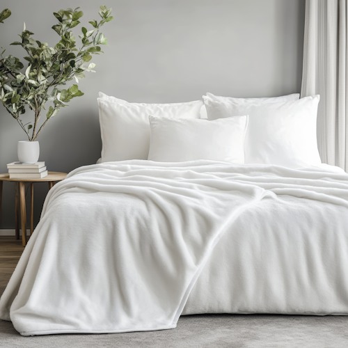 close up white pillows bed bedroom interior with green plant